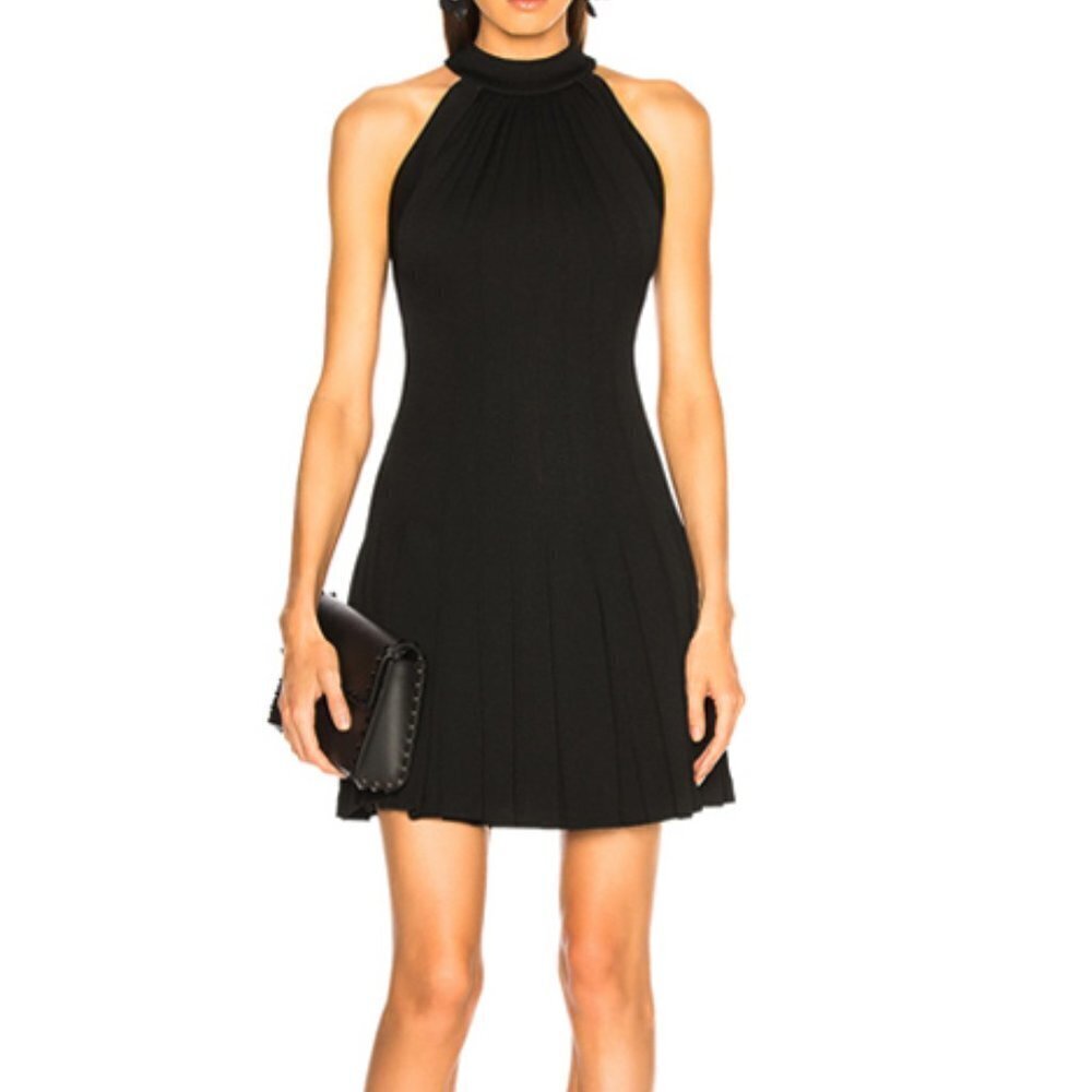 New Brandon Maxwell 10 Pebble Crepe Halter Pleated Fit & Flare Mini Dress Black